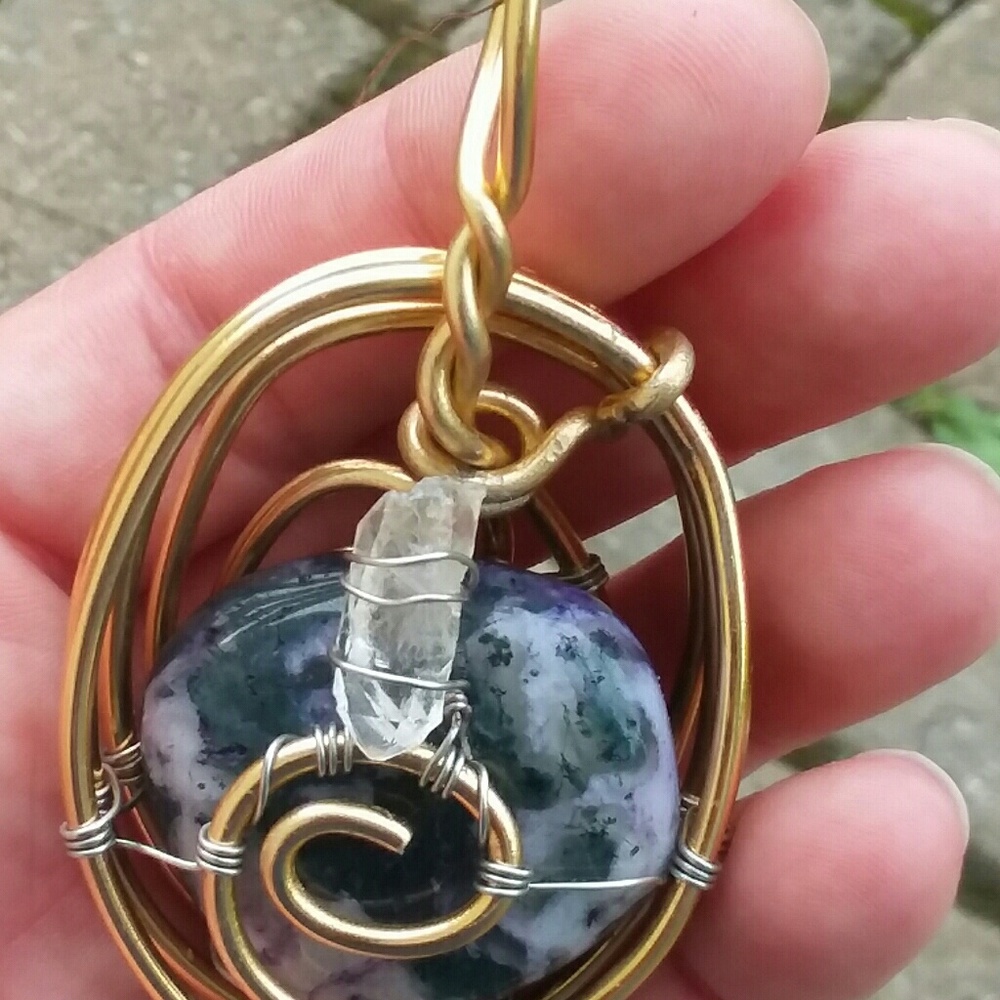 Purple moss agate and quartz pendant